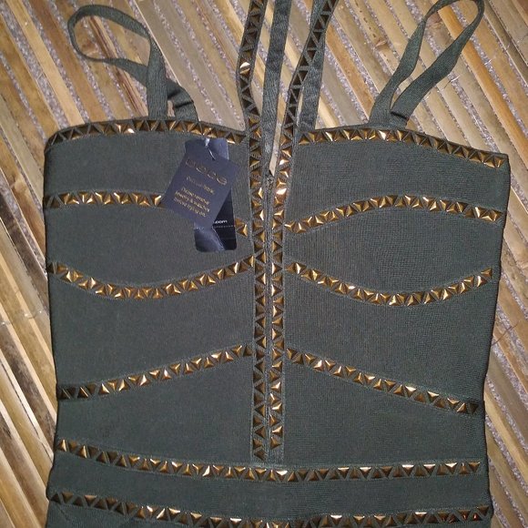 BEBE XS NWT Green Beetle Catsuit Bandage Bodycon Studded Jumpsuit Fetish Punk - Picture 7 of 8